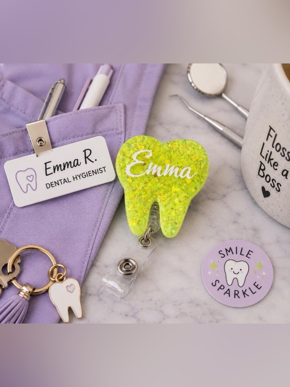 Personalized Lime Green Tooth Badge Reel with 'Emma'